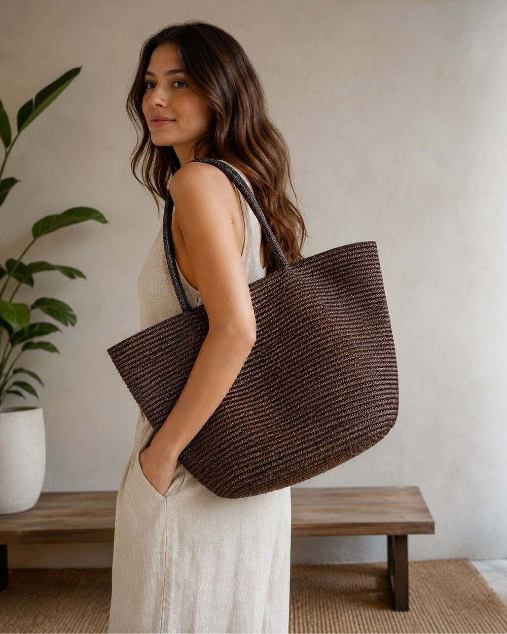 Luxury Estelle Raffia Woven Tote Bag Large Brown Shoulder Shopper